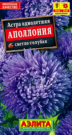 <div>
 Семена Астра Аполлония светло-голубая.
</div>
 Густомахровая астра с очень крупными (диаметром 10-12 см) соцветиями. Кусты высокорослые, крепкие, высотой 60-70 см, формируют до 10 цветоносов. Цветение раннее, обильное, продолжительное. Растения устойчивы к болезням, хорошо противостоят ветру и дождю. Используются для цветников, подходят для составления осенних аранжировок. Идеальный срезочный сорт, соцветия долго стоят в воде, сохраняя форму и цвет.<br>
 Астра – культура холодостойкая. Предпочитает солнечные участки с плодородными, дренированными, некислыми почвами. Недопустимо внесение навоза. Астру нельзя выращивать постоянно на одном месте, необходим перерыв в 4-5 лет. Возможен посев семян в открытый грунт ранней весной или под зиму.<br>