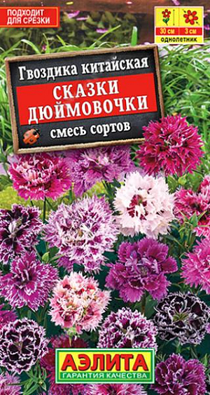 Семена Гвоздика китайская Сказка дюймовочки,смесь. Бесподобный, обильноцветущий сорт с потрясающими, махровыми цветками. Кустики компактные, сильноветвистые, с множеством цветоносов. При выращивании в саду достигают высоты 20-30 см, при выращивании в горшках – 15-20 см. Цветки диаметром  3 см. распускаются с июля до середины осени. Растения неприхотливые, могут выдерживать кратковременные заморозки. Подходят для ранней высадки в сад на постоянное место. Могут использоваться на срезку для небольших букетов.<br>
 В фазе одной пары листьев сеянцы пикируют. При развитии трех пар листьев проводят формирующую прищипку. Растения хорошо развиваются на солнечных участках с дренированными почвами нейтральной кислотности. В южных регионах возможен прямой посев семян в открытый грунт.<br>