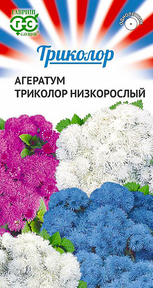 Семена Агератум Триколор низкорослый смесь<br>
 <br>
 Очень красивая и длительно цветущая смесь сортов с большими пушистыми шапками соцветий в оттенках флага России! Растение из семейства Астровые, высотой 20-25 см. Цветет обильно с июня до заморозков. Соцветия мелкие, душистые, до 1-1,5 см, собраны в более крупные щитковидные соцветия до 8-10 см в поперечнике. Агератум засухоустойчив, светолюбив, но может расти при небольшом затенении, предпочитает легкие, умеренно плодородные почвы. Теплолюбив, заморозков не переносит. Выращивают рассадным способом.<br>