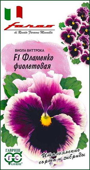 <div>
 Семена Виола Фламенко фиолетовая F1.<br>
 <br>
 Завораживающая по красоте крупноцветковая виола из итальянской серии «F1 Фламенко»! Растение двулетнее. Кустик компактный, хорошо разветвленный, с махровыми и полумахровыми цветами диаметром 5-7 см. Окраска лепестков необычная: от черного до светло-фиолетового по краю с белым кружевом. Цветет обильно и продолжительно с мая по сентябрь.  Раннее цветение сочетается с удивительной стойкостью к неблагоприятным погодным условиям. <br>
 <br>
 Прекрасно подойдет для украшения балконов, контейнеров, садовых ваз, клумб и рабаток. Растение влаголюбивое, холодостойкое, хорошо растет на солнце и в полутени. Для получения растений, цветущих в год посева, семена высевают на рассаду в феврале-марте. Всходы появляются через 5-7 дней. В открытый грунт рассаду высаживают в конце апреля-начале мая на расстоянии 15-20 см. Хорошо переносят пересадку в цветущем состоянии. При посеве в открытый грунт в июне-июле, цветение наступает во второй год.
</div>
 <br>