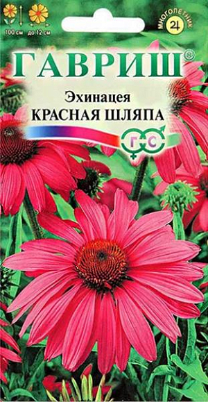 Семена Эхинацея Красная шляпа.<br>
 Многолетнее травянистое растение из семейства Астровых высотой до 1 м. Цветет в августе-сентябре. <br>
 Соцветия крупные (до 10-12 см в диаметре) пурпурной окраски. Хорошо растет на солнечных участках с удобренными почвами, обработанными на глубину 20 см.<br>
 Взрослые растения зимуют без укрытия, молодые желательно укрывать. Семена высевают в мае в открытый грунт с последующим прореживанием по схеме 40х50 см. <br>
Зацветает на второй год. Используют для посадки в группах, рабатках, миксбордерах, для получения срезки.