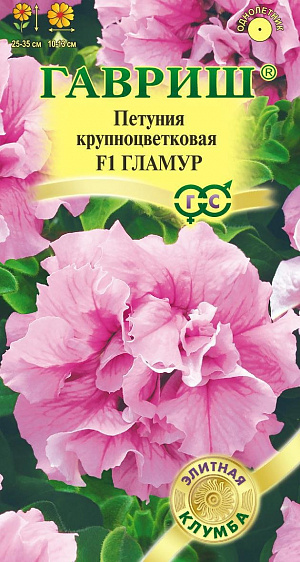 Семена Петуния Гламур крупноцветковая F1.
Махровая крупноцветковая серия, очень рано вступает в цветение. Роскошное однолетнее растение с высокой устойчивостью к неблагоприятным погодным условиям. Эта гибридная форма петунии имеет объемный компактный и ветвистый кустик высотой 25-35 см и диаметром 25-30 см. Листья небольшие, аккуратные. Цветки светло-розовые, очень крупные, до 10-13 см в диаметре, похожи на цветки гвоздики, с прочной фактурой, не страдают во время дождей. Посев проводят с февраля по март. При зимнем посеве всходам необходима подсветка. Всходы появляются через 7-12 дней. На постоянное место высаживают, когда минует опасность заморозков. Цветет с конца мая весь сезон. Светолюбива и достаточно засухоустойчива. Предпочитает легкие, плодородные, хорошо дренированные почвы. Украсит контейнеры, вазоны, балконы, подоконники, рабатки, бордюры.