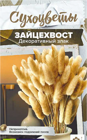 Семена Зайцехвост злак декоративный.<br>
 Великолепный сухоцвет. Один из самых очаровательных и популярных злаков. Неприхотливое и необычное растение высотой до 60 см с небольшими метелками, внешне похожими на пушистые заячьи лапки. Плоские длинные листья (до 20 см) плотно прикреплены к стеблю. Мелкие цветки собраны в пушистые метелки 3-4 см длиной.<br>
 <br>
 На приусадебном участке отлично украсит бордюры, каменистые альпинарии, садовые дорожки, оригинально сочетается с крупными ярко цветущими растениями, а также с сочной зеленью травянистых многолетников. Активно используется во флористике. Пушистые метелки добавят изысканности цветочным букетам. После сушки соцветия можно окрашивать.<br>
 <br>
Неприхотливое холодостойкое растение. Будет расти в любом грунте, любит свет и устойчиво к засухе. Может расти в полутени. Посевы производят в конце апреля - мае в открытый грунт. Семена предварительно смешивают с песком и заделывают в грунт на 2-3 см. Всходы появляются через 10-12 дней. Взрослое растение образует несколько стеблей, поэтому сеянцы прореживают, выдерживая интервал между растениями 10-15 см. Цветение в июле-августе.