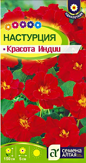 Семена Настурция вьющаяся "Красота Индии".<br>
 Садовый однолетник, контраст темных листьев и алых цветков. Растение с полустелющимися побегами длиной до 1,5 м, с щитовидными листьями. Цветки ярко-красные многочисленные ароматные, 4-5 см диаметром, с длинными шпорцами. Используют для оформления переднего плана цветников, бордюров, подпорных стенок, декоративных ваз. Тепло- и светолюбива, предпочитает дренированные умеренно увлажненные почвы без избытка органических удобрений.<br>
 <br>
Семена настурции высевают в мае в открытый грунт - по три семени в лунку, всходы прореживают на расстоянии 15-20 см. Цветение настурции начинается через 40-50 дней после появления всходов и продолжается до заморозков.