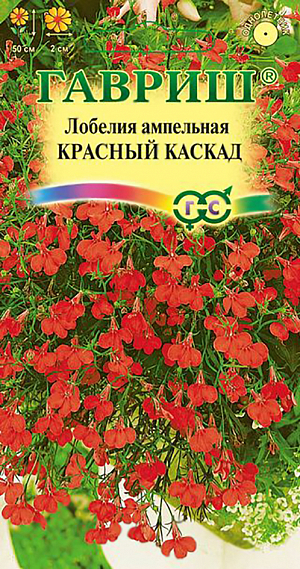 Семена Лобелия Красный каскад ампельная.
Растение, культивируемое как однолетник из семейства Лобелиевые. Побеги тонкие, стелющиеся, длиной до 50 см. 
Цветение обильное с июня до осени. Цветки красной окраски до 2 см в диаметре. Светолюбива, влаголюбива и холодостойка. 
Предпочитает рыхлые и умеренно плодородные почвы, в засушливый период необходим полив. Выращивают рассадным способом. 
Семена высевают в феврале-марте. Всходы появляются через 9-10 дней. Рассаду высаживают в открытый грунт во второй половине мая. 
Используется для посадки в подвесные кашпо и корзины, вазы, балконные ящики.
