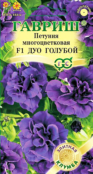 Семена Петуния Дуо голубой многоцветковая F1.<br>
Многоцветковая махровая серия, очень рано вступает в цветение. Роскошное однолетнее растение с высокой устойчивостью к неблагоприятным погодным условиям. Эта гибридная форма петунии имеет объемный компактный и ветвистый кустик высотой 25-35 см и диаметром 25-30 см. Цветки синие, многочисленные, до 10-13 см в диаметре, похожи на цветки гвоздики, с прочной фактурой, не страдают во время дождей. Посев проводят с февраля по март. При зимнем посеве всходам необходима подсветка. Всходы появляются через 7-12 дней. На постоянное место высаживают, когда минует опасность заморозков. Цветет с конца мая весь сезон. Светолюбива и достаточно засухоустойчива. Предпочитает легкие, плодородные, хорошо дренированные почвы. Украсит контейнеры, вазоны, балконы, подоконники, рабатки, бордюры.  