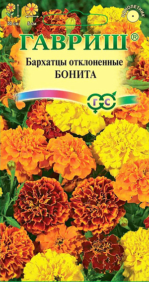 Семена Бархатцы Бонита отклоненные.
Жизнерадостная смесь с махровыми яркими соцветиями, диаметром 5 см. Идеально подойдет для оформления бордюров, рабаток, вазонов и балконных ящиков. 
Растения образуют компактные, густоветвистые кустики, высотой 30 см. Цветут с июня до заморозков. 
Бархатцы светолюбивы и теплолюбивы, заморозков не переносят, к почвам нетребовательны, но предпочитают плодородные легкие почвы. 
Посев на рассаду проводят во второй половине марте-начале апреля. 
Всходы появляются через 4-8 дней после посева, сеянцы пикируют в фазе 2-го настоящего листа.
Рассаду высаживают в начале июня с расстоянием между растениями 30-35 см. Посев в открытый грунт проводят в мае на глубину 1,5-2 см.