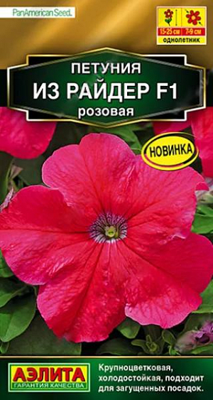 Семена Петуния Из райдер F1 розовая.<br>
 <br>
 Серия крупноцветковых петуний от американской компании PanAmerican Seed. Взрослые растения в открытом грунте формируют генетически компактные кусты высотой* 15-25 см. и шириной 20-30 см. Цветы крупные,диаметром 7-9 см., с яркой насыщенной окраской. Серия отличается холодостойкостью, выравненностью по срокам цветения и выносливостью к погодным условиям. Растения устойчивы к болезням, благодаря чему подходят для загущенных посадок. Идеальны для оформления кашпо, клумб, бордюров и балконных ящиков.<br>
 *Высота и ширина куста зависит от условий выращивания.<br>
 <br>
  Семена в гранулах! Гранулы располагают на поверхности почвы, не заделывая их, хорошо увлажняют из распылителя. При попадании влаги на гранулу оболочка должна раствориться. Посевы накрывают стеклом для сохранения постоянной влажности до полных всходов. Февральским посевам требуется дополнительная подсветка.<br>
