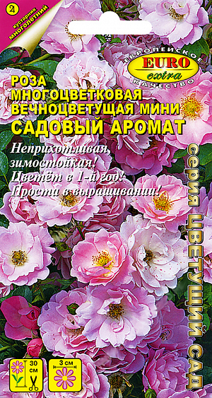 Семена Роза Садовый аромат многоцветковая.
<p>
 Восхитительный сорт мини кустарника создан специально для выращивания из семян для садоводов - любителей. Компактное растение высотой 20-30 см. Листья мелкие, темно-зеленые. В период цветения с июня по сентябрь куст весь усыпан полумахровыми цветками от ярко-розового до белого цветов. Это растение прекрасно подойдет для групповых посадок, патио, балконов, контейнеров, бордюров, цветников, клумб альпийских горок.
</p>
<p>
 Агротехника: роза – тепло- и светолюбивое растение, которому необходимы суглинистые почвы, богатые гумусом. Лучше всего цветет в жаркое и сухое лето. Посев с марта по май на глубину 1-2 см. Проращивание при температуре 15-20°С в течение 7-15 дней, посевы мульчируют торфом или перегноем. Через 6-8 недель, когда растение достигнет высоты 10-12 см его можно высаживать на постоянное место на улицу или в контейнер. Летом сеянцы подкармливают минеральными удобрениями . Роза нуждается в периодических подкормках и поливе, кроме того, молодые растения необходимо укрывать на зиму.
</p>
<p>
  
</p>