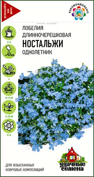 Семена Лобелия Ностальжи<br>
 <br>
 Красивое травянистое растение, сплошь усыпанное голубыми цветками диаметром 1-2 см.  Растение светолюбивое, хорошо растет на умеренно влажных суглинистых и супесчаных почвах. Для лучшего кущения верхушки молодых растений  прищипывают. Используют, как декоративно-лиственное и красивоцветущее растение в цветниках, рабатках и группах, в бордюрах и ковровых композициях. <br>