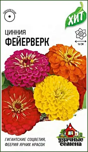 Семена Цинния Фейерверк.
Неприхотливые однолетние растения семейства Сложноцветные высотой до 70 см.
 Плотные, похожие на георгины, соцветия ярких тонов сидят на прямых прочных стеблях.
 Цинии светолюбивы, очень засухоустойчивы, но боятся заморозков. Цветет с середины июня и до заморозков. 
Очень декоративна массивами и группами на газоне, используется для посадки на сборные цветники, рабатки, а также на срез для букетов. 
Выращивается рассадным и безрассадным способом.