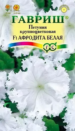 Семена Петуния Афродита белая F1 (Фриллитуния).<br>
 <br>
 Притягательная гибридная серия бахромчатых петуний для искустного оформления балконов, садовых ваз, создания акцентных групп в цветниках и низкорослых бордюрах. Растение образует шаровидный куст высотой 40 см  с аккуратными листочками. Крупные (8-10 см.), кристально-белые цветы по краю украшают элегантные волнистые «рюши». Цветет с мая по сентябрь.<br>
 <br>
  Посев проводят с февраля по март. При зимнем посеве всходам необходима подсветка. Всходы появляются через 7-12 дней. На постоянное место высаживают, когда минует опасность заморозков. Цветет с конца мая весь сезон. Светолюбива и достаточно засухоустойчива. Предпочитает легкие, плодородные, хорошо дренированные почвы. Отличный гибрид для профессионального выращивания на продажу.<br>