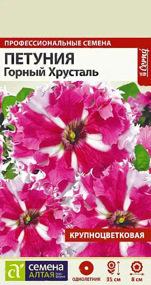 Семена петуния Горный хрусталь.<br>
 <br>
 Великолепная крупноцветковая петуния необычной формы и окраски, образующая аккуратный компактный кустик высотой до 35 см. Цветки крупные с волнистыми лепестками, имеющими бахромчатые края, поражают необыкновенностью окраски: малиновые или ярко-розовые разводы на белом фоне лепестков. Превосходное украшение клумб, рабаток, бордюров, особенно хорошо смотрится в вазонах, кашпо, балконных и оконных ящиках, применяется для составления цветочных композиций. <br>
 <br>
 Светолюбивое и достаточно засухоустойчивое растение. Предпочитает легкие плодородные, хорошо дренированные почвы. Посевы на рассаду проводят с середины февраля. Семена равномерно распределяют по поверхности субстрата, не заделывая, а лишь слегка вдавливая в грунт. Для получения наилучшего результата посев рекомендуем проводить в торфяные таблетки (одно драже в таблетку). Посевы увлажняют из распылителя и накрывают стеклом для поддержания постоянной влажности. Емкость помещают в светлое теплое место (+22-24°С).<br>