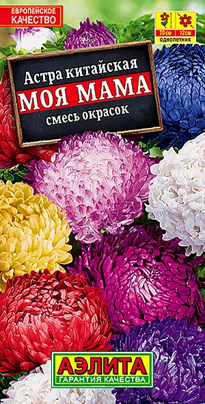 Семена Астра Моя мама смесь окрасок.
Пестрая цветочная смесь высокорослых (70 см) астр придаст очарование любому уголку вашего сада. Густо-махровые соцветия 12 см восхищают насыщенными расцветками и эталонной пионовидной формой. Цветение обильное и длительное, вплоть до заморозков. Цветы на длинных, очень прочных стеблях идеальны для срезки и долго стоят в букете. 
Агротехника. Выращивают рассадным способом. С развитием первой пары настоящих листочков сеянцы пикируют. На постоянное место рассаду высаживают в возрасте 30-35 дней. Возможен посев семян в открытый грунт весной или под зиму, в конце октября. Растениям необходимы регулярные поливы, прополки, рыхления и подкормки.