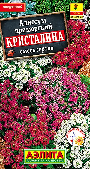 Семена Алиссум Кристалина смесь окрасок. Однолетник <br>
 <br>
 Высота 10 см <br>
 <br>
 Неприхотливый холодостойкий летник. Ценится за стойкий медовый аромат. Образует густые, компактные кустики высотой 10-15 см. Мелкие цветки разнообразной окраски собраны в соцветия, более крупные, чем у других сортов. Классическое растение для контейнерного декора балконов, террас, садовых вазонов в сочетании с виолами, бархатцами, агератумом. Из него получаются отличные бордюры вдоль садовых дорожек и по краю цветников. Смесь прекрасно держит форму и объем в течение сезона. <br>
 <br>
 Посев семян в открытый грунт весной, как только позволит почва. Для  <br>
 продления сезона декоративности отцветшие побеги обрезают или проводят повторные посевы 2-3 раза за сезон. Для раннего цветения посев на рассаду в марте, высадка рассады в конце апреля – начале мая. Растениям необходимы регулярные поливы, прополки, рыхления и подкормки.<br>