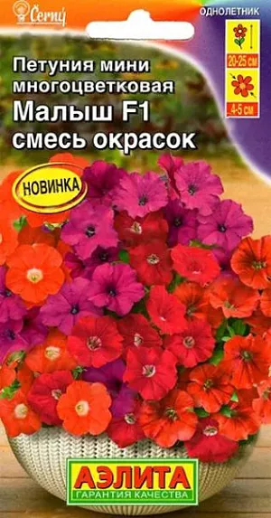 Семена Петуния мини Малыш F1 смесь. Листвы почти не видно! Высаженные на постоянное место растения быстро образуют ветвистые компактные кустики 25-30 см. Множество ярких цветов-граммофончиков диаметром 4-5 см. в течение всего сезона будут украшать ваши цветники и рабатки, балконные ящики и вазоны. Петунии лучше всего растут в рыхлой, питательной и влагоемкой почве. Периодические подкормки комплексным удобрением делают цветение более обильным. Центр куста не оголяется и растение не нуждается в формировании и прищипке. Гибрид устойчив к наиболее распространенным болезням культуры.
