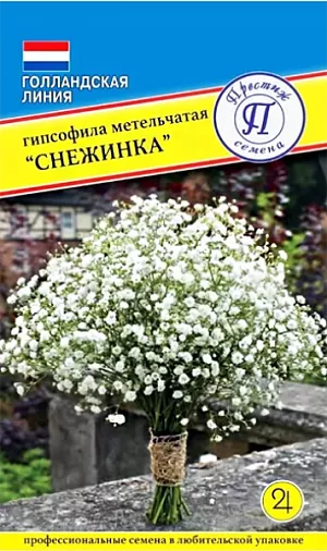 Семена Гипсофила Снежинка – травянистое растение с мелкими белыми цветками, которое отличается пышным цветением. Декоративный многолетник применяют для создания воздушных островков на клумбах, изящных бордюров. Цветы используют во флористике как компонент для оформления букетов. В срезке соцветия гипсофилы выглядят декоративно как в свежем, так и в высушенном виде.<br>