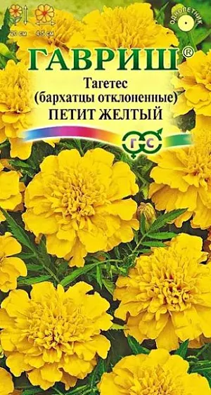 Семена Бархатцы отклоненные Петит желтый<br>
 <br>
 Нарядная серия невысоких бархатцев для оформления бордюров, рабаток, вазонов и балконных ящиков. Образует ветвистый кустик высотой 20 см. Соцветия диаметром 4-5 см, желтого цвета. Цветет с июня до заморозков. Бархатцы светолюбивы и теплолюбивы, заморозков не переносят, к почвам нетребовательны, но предпочитают плодородные легкие почвы. <br>