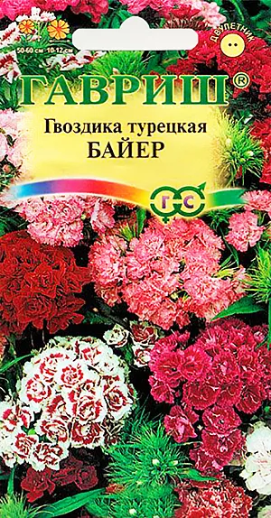 Семена Гвоздика Байер турецкая. Крупные соцветия.<br>
 Волнующий бархат лепестков.<br>
 Травянистое растение с многочисленными узловатыми стеблями, высотой<br>
 50-60 см. Стебли прямые, прочные, листья сидячие, ланцетные с<br>
 серо-голубым оттенком. Цветки махровые, бархатистые, ароматные, самой<br>
 разнообразной окраски и с ярко выраженным рисунком: узорчатой каймой и<br>
 глазком; собраны в плотные щитковидные соцветия диаметром 10-12 см.<br>
 Зимостойка, предпочитает освещенные участки с легкими плодородными<br>
 почвами, может расти в полутени. Размножают посевом семян в грунт весной<br>
 или под зиму. Оптимальная температура для прорастания семян 20°С.<br>
 Сеянцы пикируют или продергивают, выдерживая расстояние между ними - 5<br>
 см. Подросшие растения рассаживают на постоянное место. Используют для<br>
 цветников, бордюров и получения высококачественной срезки.<br>
Данные семена предназначены для посева. Не употреблять в пищу.
