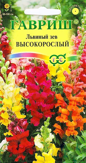Семена Львиный зев Высокорослый.
Декоративное растение из семейства Норичниковые, культивируемое как однолетник, высотой 80-100 см. 
Цветет с конца июня до поздних заморозков Цветки собраны в кистевидные соцветия разнообразной окраски.
Холодостоек, светолюбив, к почвам нетребователен, в засушливый период нуждается в поливе. 
Выращивают рассадным способом. Посев проводят с начала марта до середины апреля. 
Всходы появляются через 8-12 дней. Рассаду высаживают во второй половине мая с расстоянием между растениями 30 см. 
Используется для групповых посадок и цветников, а также для получения срезки (львиный зев стоит в воде до двух недель).