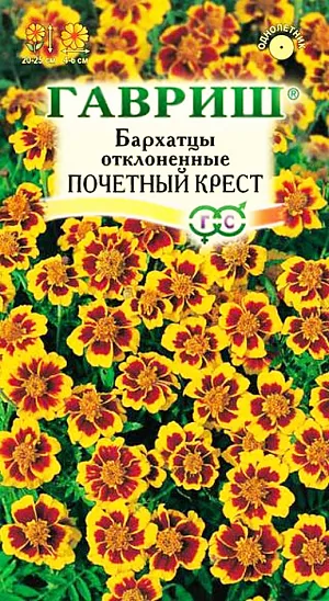 Семена Бархатцы Почётный крест отклоненные.
Одно из самых распространенных однолетних растений семейства Астровые. Образует компактный густоветвящийся куст высотой 20 см. 
Соцветия золотисто-желтые с коричневыми пятнами. Цветет с июня по сентябрь. Светолюбивы и теплолюбивы, заморозков не переносят. 
К почвам нетребовательны, но предпочитают плодородные легкие почвы. Выращивают, как правило, рассадным способом.
Посев проводят во второй половине марте - начале апреля. Всходы появляются через 4-8 дней после посева, сеянцы пикируют в фазе 2-го настоящего листа. Рассаду высаживают в начале июня, расстояние между растениями 20 см. Используют для посадки на клумбах, рабатках, бордюрах, в балконные ящики, можно использовать как горшечную культуру.
