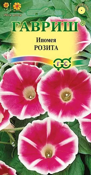 Семена Ипомея Розита <br>
 <br>
 Вьющееся однолетнее растение для вертикального озеленения из семейства Вьюнковые, с побегами, длиной до 2,5 м. Листья крупные, сердцевидные. Цветение обильное - с конца июня до заморозков. Цветки воронковидные, крупные (7-10 см в диаметре), вишневого с белой каймой и выразительными белыми штрихами. Ипомея светолюбива и теплолюбива, заморозков не переносит.  Используется для озеленения балконов и ваз, создания вертикальных цветущих ширм.<br>