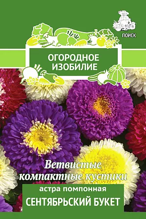 Семена Астра Сентябрьский букет помпонная.
Чудо астры! Растение высотой 40-55 см, компактное, ветвистое. 
Соцветия диаметром 4-5 см, разнообразной окраски. На растении до 30 соцветий. 
Используют очень широко: для посадки в сборные цветники группами, на рабатки – рядами и на срезку.
Посев: март
Глубина посева: 0.5 см
Высадка рассады: 25 мая- 5 июня
Время цветения: авг. – сент.
Схема посадки: 20х30 см