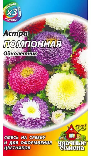 Семена Астра Помпонная.
Однолетнее растение высотой 50-60 см. Соцветия разнообразной окраски, плоскоокруглые, диаметром 6 см. 
На растении до 30 соцветий. Для выращивания подходят хорошо освещенные участки с плодородной суглинистой или супесчаной почвой.
Астры обладают высокой холодостойкостью: хорошо переносят заморозки до -3 -4оС. Выращивают, чаще всего, рассадным способом. 
Семена высевают в марте-апреле, пикируют с развитием первой пары настоящих листочков по схеме 5х5 см, в открытый грунт рассаду высаживают с середины мая до начала июня. Возможен подзимний посев астр на глубину 5-8 см с последующим мульчированием торфом или опилками.
Используют для оформления цветников, клумб, рабаток и на срезку.