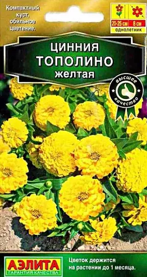 Семена Цинния Тополино желтая.  Аккуратный низкорослый кустик 20-25 см. высотой буквально усыпан крупными (диаметром 7 см.) густомахровыми соцветиями. Цветки по форме напоминают георгинчики, каждый цветок держится на кусте до месяца. Сорт идеально подходит для горшечного выращивания. В цветниках будет незаменим в низком бордюре, на передних планах миксбордеров, в ковровых посадках на больших участках. Рекомендуем сорт для профессионального озеленения.<br>
 <br>
 Циннии – растения теплолюбивые, быстрорастущие, относительно засухоустойчивые. Предпочитают солнечные участки с дренированными почвами среднего плодородия, нейтральной кислотности. В южных регионах возможен безрассадный способ выращивания.<br>