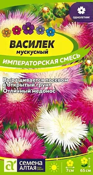 Семена Василёк мускусный Императорская смесь из каталога Василек Семена Василёк мускусный "Императорская" смесь<br>
Декоративно-цветущий однолетник с приятным ароматом корицы, отличный медонос. Растение высотой до 65 см разветвленное, с ярко-зелеными зубчатыми листьями, несущее на концах побегов многочисленные соцветия. Соцветия – пушистые крупные корзинки, 6-7 см диаметром, сиреневого, розового, пурпурного и белого цвета. Прекрасно подойдет для высоких бордюров, миксбордеров, цветников в ландшафтном стиле, срезки. Светолюбивое, холодостойкое, засухоустойчивое растение. Неприхотливо, но предпочитает открытые солнечные участки на рыхлых питательных нейтральных почвах. Выращивают посевом семян в открытый грунт в конце апреля – начале мая, как только почва прогреется до +3-5°C. Холодов и кратковременных ночных заморозков растения не боятся. Возможен и подзимний посев в октябре при температуре близкой к нулю. Семена высевают в бороздки глубиной 1,5-2 см, предварительно пролитые водой. Сеют с шагом в 5-7 см, мульчируют слоем почвы 0,3-0,5 см и поливают. Всходы появляются через 7-14 дней. Спустя 2-3 недели всходы прореживают с интервалом 35-40 см между растениями. Уход заключается в рыхлении, прополке и поливе 1 раз в 3-4 дня, однако во влажную погоду поливы сокращают, так как растение не переносит переувлажнения. Цветение обильное и продолжительное, с июня до сентября. Для продления цветения увядшие корзинки удаляют.