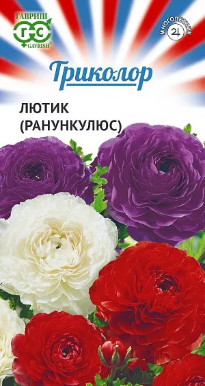 Семена Лютик смесь серия Триколор<br>
 <br>
 Идеальная смесь для выращивания в горшечной культуре и создания ярких цветущих клумб и бордюров в сине-бело-красных оттенках российского флага. Растение высотой 20-25 см. Махровые цветочки, диаметром 8 см, похожи при раскрытии бутонов на розочки, а в полном роспуске — на миниатюрные махровые маки. Цветет в конце июня-июле.<br>