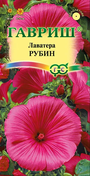 Семена Лаватера Рубин.
Мощное ветвистое, очень неприхотливое растение семейства Мальвовые высотой 50 см. 
Цветение обильное и продолжительное, с конца июня до поздних заморозков.
Цветки воронковидные крупные, 10 см в диаметре, интенсивной темно-розовой окраски окраски. 
Холодостойка, светолюбива и засухоустойчива, к почвам нетребовательна. 
Выращивают прямым посевом в грунт или рассадным способом. В открытый грунт высевают в начале мая гнездами по 2-3 шт. с расстоянием между растениями 30-40 см. Для получения рассады посев проводят в конце марта-начале апреля в горшочки, высаживают растения во второй половине мая. 
Используется для посадки в группах, миксбордерах и на клумбах.