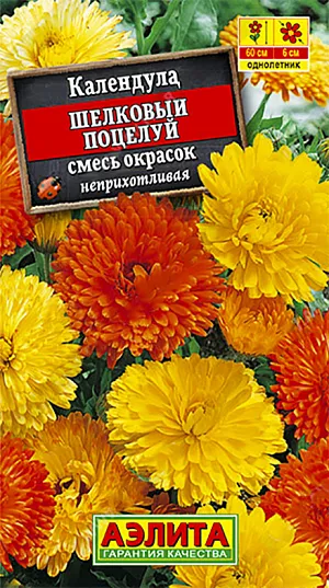 Семена Календула Шелковый поцелуй махровая. Густомахровые цветки диаметром  5-6 см. сияют атласным блеском и всеми возможными для календулы расцветками. Кусты 50-60 см высотой, хорошо разветвленные, гармоничные, великолепно подходят для украшения цветников. Растения очень неприхотливые, холодостойкие, не требовательные к почве, рано зацветающие. Чтобы продлить цветение, увядающие цветки необходимо регулярно удалять. Крепкие длинные цветоносы делают смесь идеальной для срезки в букеты. Срезка долго сохраняет свежесть в воде.<br>
 <br>
 Посев семян в открытый грунт на глубину 1-2 см. Всходы прореживают. Растениям необходимы регулярные поливы, прополки, рыхления и подкормки. Для более раннего цветения возможен подзимний посев в конце октября. Своевременное удаление увядающих соцветий способствует более длительному и обильному цветению.<br>
 