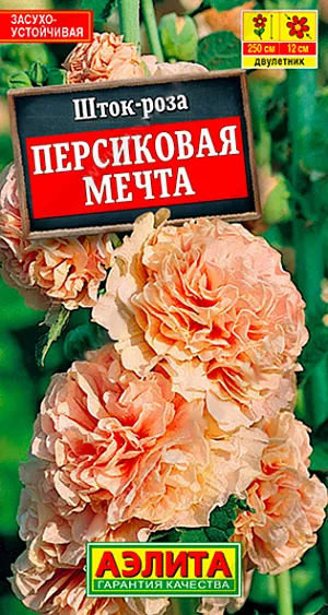 Семена Шток-роза Персиковая мечта. Монументальное растение с длинными цветоносами, усыпанными крупными, густомахровыми цветками. Кусты мощные, прочные, высотой до 250 см. Кистевидные соцветия состоят из нескольких десятков шелковистых цветков диаметром 11-12 см. Цветение с июля по сентябрь. Растения неприхотливые, холодостойкие, засухоустойчивые, предпочитают солнечное местоположение. Выращиваются на заднем плане цветников, отдельными группами, вдоль заборов и стен домов. Подходят для срезки, в воде постепенно распускаются все бутоны.<br>
 <br>
  Посев в открытый грунт на постоянное место в середине мая, в лунки по 2-3 шт. Всходы появляются через 2 недели, их прореживают, оставляя по 1 растению в лунке. Рекомендуем лёгкое укрытие на случай бесснежной зимы. Зацветает в июле следующего года.<br>
 <br>
 <br>
 <br>
 <br>