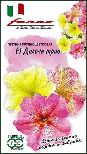 Семена Петуния Дольче трио F1.<br>
 Очаровательная смесь из трех крупноцветковых гибридов серии «Дольче», которая славится невероятно нежными пастельными оттенками, редко встречающимися среди петуний. Из-за неравномерного окрашивания (тона переходят из более насыщенных и плотных в более светлые и легкие) цветки кажутся воздушными, полупрозрачными, будто сияют, пропуская солнечный свет. Эффект усиливает ярко-выраженное жилкование, интенсивность которого меняется от цветка к цветку. Растение образует аккуратные кустики высотой 20-30 см, усыпанные цветками диаметром 7-8 см. Гибриды неприхотливы, обильно цветут и даже в ненастную погоду сохраняют свою привлекательность. <br>
Посев проводят поверхностно, под стекло, с февраля по март. После появления всходов стекло убирают. При зимнем посеве всходам необходима подсветка. Всходы появляются через 7-12 дней. На постоянное место высаживают, когда минует опасность заморозков. Цветет с конца мая весь сезон. Светолюбива и достаточно засухоустойчива. Предпочитает легкие, плодородные, хорошо дренированные почвы.
