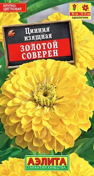 Семена Цинния Золотой соверен. Популярный высокорослый сорт циннии с очень крупными (диаметром 10-15 см.), махровыми соцветиями. Кусты мощные, ветвистые, высотой 80-90 см. Не теряют своей декоративности под воздействием дождя и ветра. Цветение очень раннее и продолжительное. Один из лучших сортов для украшения групповых посадок на клумбах и в рабатках. Отлично подходит для срезки – цветы долго стоят в воде, сохраняя свежесть и неповторимую красоту.<br>
 <br>
 <br>
  Циннии – растения теплолюбивые, быстрорастущие, относительно засухоустойчивые. Предпочитают солнечные участки с дренированными почвами среднего плодородия, нейтральной кислотности. В южных регионах возможен без рассадный способ выращивания.<br>