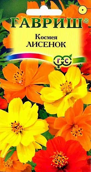 Семена Космея Лисенок.
Сильноветвящееся растение из семейства Астровые высотой 50-100 см. Цветет обильно с июля до заморозков. Цветки ромашковидной формы крупные (10-12 см в диаметре) желтой, оранжевой и красной окраски. Холодостойка и светолюбива, относительно засухоустойчива. Предпочитает рыхлые, умеренно плодородные почвы. Выращивают прямым посевом в грунт в конце апреля -начале мая, либо под зиму. Используется для посадки на клумбах, в миксбордерах для декорирования оград и стен зданий.