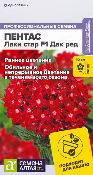 Семена Пентас ланцетовидный Лаки стар F1 Дак Ред

Обильно и непрерывно цветущее однолетнее растение. Соцветия крупные, состоят из миниатюрных темно-красных цветков, сохраняют декоративность на растении до 7-10 дней. Рано вступает в период цветения. Кустики компактные, сохраняют аккуратную форму в течение всего периода вегетации. Хорошо подходит для массовых посадок в открытом грунте, можно выращивать в контейнерах и вазонах, растения не требуют большого объема грунта.
Высота растения: 30-40 см
Ширина растения: 30-35 см
Диаметр соцветия: 7-10 см