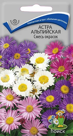 Семена Астра Альпийская Смесь окрасок.
Один из лучших видов многолетней астры. 
Быстро разрастающееся растение, высотой 25-30 см, с одиночными ромашковидными соцветиями диаметром до 4 см. 
Цветет в мае- июне. Используют для миксбордеров, альпийских горок и срезки.
Агротехника. Предпочитает питательные, увлажненные почвы, солнечные места, но может расти и в полутени. 
На одном месте растет 5-6 лет. 
Размножают делением куста (каждые 3-4 года) и посевом семян непосредственно в грунт в мае или через рассаду, высевая семена в апреле в рассадные ящики. 
Глубина заделки 0,3-0,5 см. При температуре почвы +20°C всходы появляются на 10-12 день. 
Сеянцы пикируют в фазе 1 пары настоящих листьев, в открытый грунт высаживают в июне, выдерживая расстояние между растениями 20-30 см.