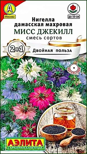 Семена Нигелла "Мисс Джекилл".<br>
 Нигелла дамасская, также известная под названием «девица в зелени» или «турецкий черный тмин» – однолетнее травянистое растение. Стебли прямостоячие, ветвящиеся, высотой до 50 см. Оригинальные полумахровые цветки окружены ажурным зеленым покрывалом из перисто-рассеченных листьев. После цветения соцветия образуют коробочку, которую сушат и используют для создания сухих букетов и гербариев. Нигелла не только очень декоративна, но и полезна: эфирное масло и семена при меняются в медицинских целях, как специи в кулинарном деле, в парфюмерии.<br>
Можно выращивать через рассаду (посев в апреле) или высевать семена под зиму. Нигелла светолюбивое, холодостойкое растение, легко переносит весенние заморозки. Предпочитает легкие, плодородные почвы с большим содержанием извести. Плохо переносит избыток и недостаток влаги.
