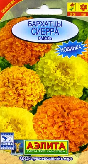 Семена Бархатцы "Сиерра" смесь.<br>
Однолетник. Высота 40 см. Диаметр 8 см. Их необычайно эффектные цветки наполнены теплым, насыщенным цветом и словно солнце будут согревать взгляд на протяжении всего лета. Благодаря своей неприхотливости, замечательно растут в вазонах, контейнерах, балконных ящиках, бордюрах и прекрасно держат форму (не разваливаются от дождя и ветра), переносят понижение температуры без ущерба для красоты своих соцветий.