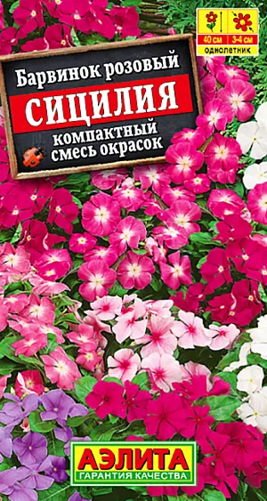 Семена Барвинок Сицилия смесь окрасок.
Сделайте себе презент к новому сезону, заведите барвинок – катарантус. «Лакированные» листья с хрустальными жилками и яркие цветки, похожие на флокс, на компактном аккуратном кусте смотрятся очень нарядно, празднично. Многолетник по природе, в условиях средней полосы используется как летник или комнатное. Охотно растет из семян, сравнительно неприхотлив в уходе. 
Агротехника. Посев семян на рассаду в феврале-марте. Всходы появляются через 7-10 дней. Пикировка при достижении растениями 6-8 см высоты (4 настоящих листа). Закаленную рассаду высаживают в открытый грунт в конце мая-начале июня с шагом 30 см.