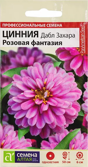 Семена цветы Цинния Дабл Захара Розовая фантазия.<br>
 <br>
 Супервыносливая, не требующая специального ухода сортосерия! Шикарная цинния с мощными побегами и множеством махровых соцветий. Кустики компактные, высотой 40-50 см, хорошо ветвятся. Цветки яркие диаметром 5-6 см. с необычной окраской лепестков: насыщенно-розовой в центре, с переходом к более светлым краям. Отличительными признаками сортосерии являются: насыщенные и уникальные окраски цветков, длительный период цветения, повышенная толерантность к грибковым заболеваниям. Широко используется для оформления цветников, посадок в контейнеры и балконные ящики, для выращивания в вазонах и открытом грунте. Растение относительно засухоустойчиво, но требует регулярных поливов, чувствительно даже к легким заморозкам. <br>
 <br>
Предпочитает солнечные, защищенные от ветра теплые участки с дренированной нейтральной, богатой гумусом и минеральными элементами почвой. Посевы на рассаду проводят с конца марта под стекло. Глубина заделки семян 0,5 см. При температуре +22…+25°С всходы появляются на 7-10 день. С развитием первой пары настоящих листочков сеянцы пикируют в отдельные горшочки. В фазе 5-6 листьев проводят формирующую прищипку. В открытый грунт на постоянное место рассаду высаживают в конце мая – начале июня, когда минует угроза заморозков. Схема посадки – 20х20 см. Возможен прямой посев семян в открытый грунт в мае. Продолжительность цветения с июля до осенних холодов. Удаление увядших соцветий способствует более пышному и продолжительному цветению.