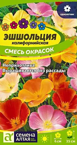 Семена Эшшольция Смесь окрасок.<br>
Один из самых очаровательных и неприхотливых однолетников. Высаживается большими группами и образует ажурное переплетение из многочисленных побегов с тонко-рассеченными сизоватыми листьями и светящимися нежными чашечками цветков. Окраска венчиков - золотистая, оранжевая, карминная и пр. Высота растений 35 см, цветение продолжительное, до заморозков. Эшшольция придает легкость и изящность цветникам, клумбам, каменистым горкам, мавританским газонам. Растение светолюбивое, холодо- и засухоустойчивое, предпочитает легкие дренированные почвы. Отзывчиво на полив и внесение удобрений (кроме свежих органических). Посевы проводят в конце апреля-начале мая в открытый грунт сразу на постоянное место. Глубина заделки семян 0,5-1 см. При температуре почвы +15-18С всходы появляются на 8-10 день. Сеянцы прореживают, выдерживая интервал между растениями 10-12 см. Пересадку растение не переносит.