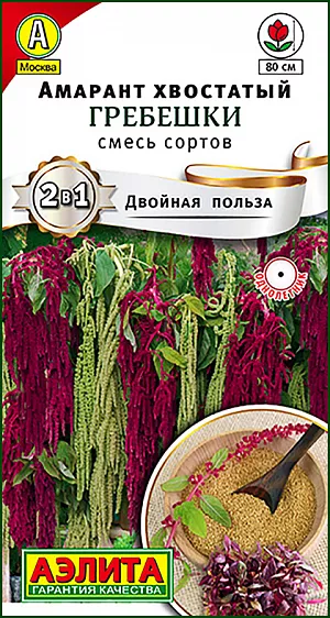 Семена Амарант Гребешки смесь сортов. Потрясающая, контрастная смесь амарантов с поникающими метельчатыми соцветиями. Растения крепкие, прямостоячие, высотой до 80 см, быстро развиваются. Пышные соцветия достигают длины 60 см и сохраняют насыщенный оттенок в сухом букете. Смесь великолепно смотрится в одиночной культуре и на заднем плане цветников, применяется при зонировании сада. Микрозелень из этой смеси не только красива, но и является чемпионом по содержанию витаминов и минералов. Семена амаранта – известная крупяная культура, диетический продукт, необычный гарнир и ингредиент закусок, коктейлей долголетия, десертов.<br>
 Амарант свето- и теплолюбив, относительно засухоустойчив. Предпочитает участки с защитой от ветра, с легкими, хорошо дренированными, некислыми почвами. Взрослые растения необходимо подвязывать.<br>