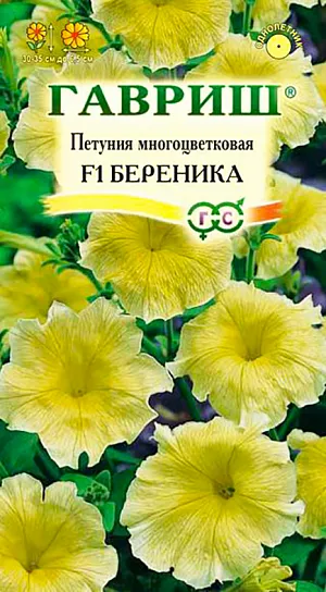 Семена Петуния Береника многоцветковая F1.
Растение образует компактный куст высотой 30-35 см. Цветки желтые 5,5-6,5 см в диаметре с гладким краем лепестков. Выращивают рассадным способом. Посев проводят с января по апрель, поверхностно, под стекло (после появления всходов стекло убирают). В зимние месяцы январь-февраль досветка обязательна. При ранних сроках посева цветение начинается в мае, что очень удобно для выращивания растений на балконе, закрытых террасах, патио. Без дополнительного освещения петунию высевают не раньше марта. Всходы появляются через 7-12 дней. На постоянное место высаживают, когда минует опасность заморозков. Светолюбива и достаточно засухоустойчива. Предпочитает легкие, плодородные, хорошо дренированные почвы. Петунии можно выращивать в течение нескольких лет, сохраняя зимой в освещенном помещении (растение сильно обрезают, t не более 12°C, умеренный полив). Петуния используется как фоновое и балконное растение, в контейнерах, вазах, для украшения подоконников, для посадки в рабатки, бордюры. Цветет обильно с начала мая до заморозков.