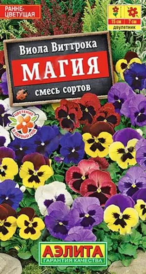 Семена Виола Магия смесь. Прекрасная виола с крупными, бархатистыми, контрастными цветками различных окрасок. Кустики компактные, выравненные, высотой до 15 см, одновременно несут 10-12 цветков диаметром 5-7 см. Цветение раннее, обильное и продолжительное. Виолы неприхотливые, холодостойкие, хорошо выдерживают пересадку в цветущем состоянии. Не теряют своей декоративности под воздействием дождя и ветра. Не заменимое украшение для клумб, рабаток, бордюров, вазонов и балконных ящиков.<br>
 <br>
  Для цветения в год посева выращивают рассаду. Сеянцы пикируют в фазе одного-двух настоящих листьев. При посеве в открытый грунт в июне–июле растения цветут на следующий год. Посадки располагают на солнечных или слегка затененных участках с рыхлыми, влажными почвами.<br>