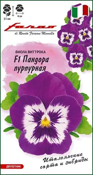 <div>
 Семена Виола Пандора пурпурная F1.
</div>
 <article>
<p>
 Популярное двулетнее растение из семейства Фиалковые. Серия Пандора отличается миниатюрным кустиком (до 13 см.) с многочисленными пурпурными цветками (диаметром до 4 см), продолжительным и пышным цветением с ранней весны до поздней осени. Образует живой ковер из цветов. 
</p>
<p>
 Растение влаголюбивое, холодостойкое, хорошо растет на солнце и в полутени. Для получения растений, цветущих в год посева, семена высевают на рассаду в феврале-марте. Всходы появляются через 5-7 дней. В открытый грунт рассаду высаживают в конце апреля - начале мая на расстоянии 15-20 см. Хорошо переносят пересадку в цветущем состоянии. При посеве в открытый грунт в июне-июле, цветение наступает во второй год. Используют для посадки на клумбы, в рабатки, балконные ящики и садовые вазы.
</p>
 </article>