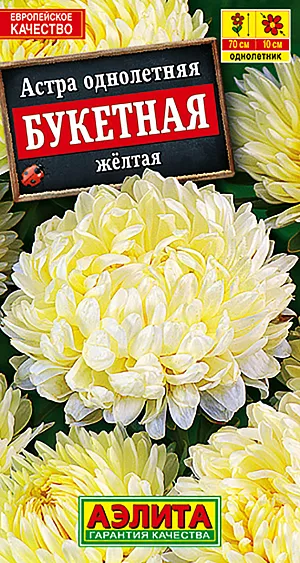 Семена Астра Букетная желтая. <br>
<p>
 <b>Популярная астра с густомахровыми соцветиями. </b>Одним из многочисленных достоинств сорта является <b>высокая устойчивость к болезнями  и неблагоприятным погодным условиям</b>. Кусты компактные, стройные, высотой 50-65 см и около 30 см в ширину. Начало цветения раннее, с последней декады июля. Пик цветения приходится на середину августа и начало сентября. Длинные прочные цветоносы увенчаны соцветиями  диаметром 8-10 см. Сорт обеспечит вас великолепной срезкой для составления букетов. Растения используют также для оформления клумб, рабаток, высоких бордюров вдоль дорожек.
</p>
<p>
 Посев. Выращивают рассадным способом. С развитием первой пары настоящих листочков сеянцы пикируют. На постоянное место рассаду высаживают в возрасте 30-35 дней. Возможен посев семян в открытый грунт весной или под зиму, в конце октября, на глубину 0,5-1 см. Растениям необходимы регулярные поливы, прополки, рыхления и подкормки.
</p>
 <br>