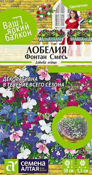 Семена Лобелия плетистая Фонтан (смесь) из каталога Лобелия Семена Лобелия плетистая "Фонтан".<br>
Очаровательное миниатюрное растение, выращиваемое в однолетней культуре. Распростёртые или свисающие побеги, длинной до 30 см, обильно усыпаны мелкими (диаметром 1,5 см) цветками своеобразной формы, расположенными в пазухах листочков. Окраска венчика – белая, сиреневая, голубая. Чудесно смотрится в подвесных корзинах, балконных ящиках, вазонах. Светолюбивое, теневыносливое и влаголюбивое растение, достаточно холодостойкое. Наибольшей декоративности достигает на открытых солнечных участках с хорошо дренированными супесчаными и суглинистыми почвами средней влажности без избытка органики (иначе цветение будет слабым). Посевы на рассаду проводят в феврале. Семена прорастают только на свету, поэтому их не заделывают, а лишь слегка вдавливают в субстрат. Посевы увлажняют из пульверизатора, посадочную емкость накрывают стеклом и помещают в теплое светлое место. Стекло периодически убирают для проветривания посевов и удаления конденсата. При температуре почвы +18°C всходы появляются на 7-14 день, стекло убирают. Цветение начинается через 70-80 дней, с июня по сентябрь. Всходы нежные, их пикируют в легкую землю по несколько штук вместе. В открытый грунт рассаду высаживают после окончания весенних заморозков. Посадочный интервал – 15-20 см. Для лучшего кущения верхушки молодых растений прищипывают. В сухую и жаркую погоду цветение может прекратиться. Оптимальная температура для роста 20-25°С.